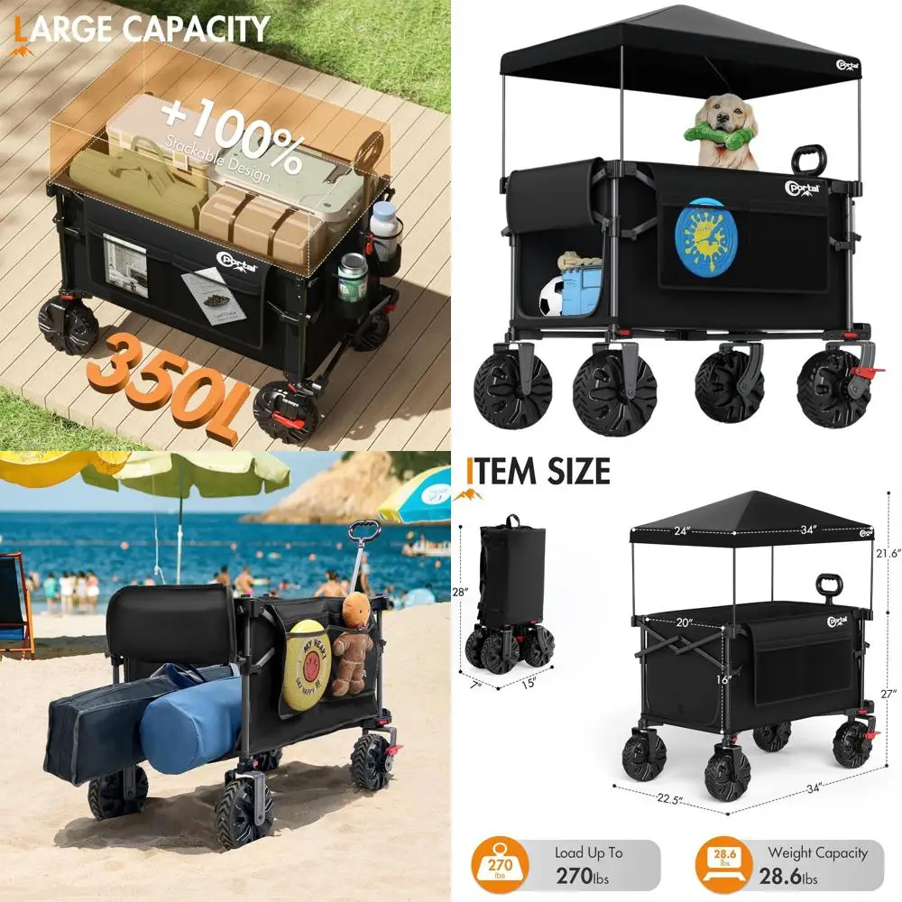 

Складная тележка-тележка 350 л со съемным навесом, складная универсальная тележка 270 фунтов для домашних животных, кемпинга, пляжа, приключений на свежем воздухе