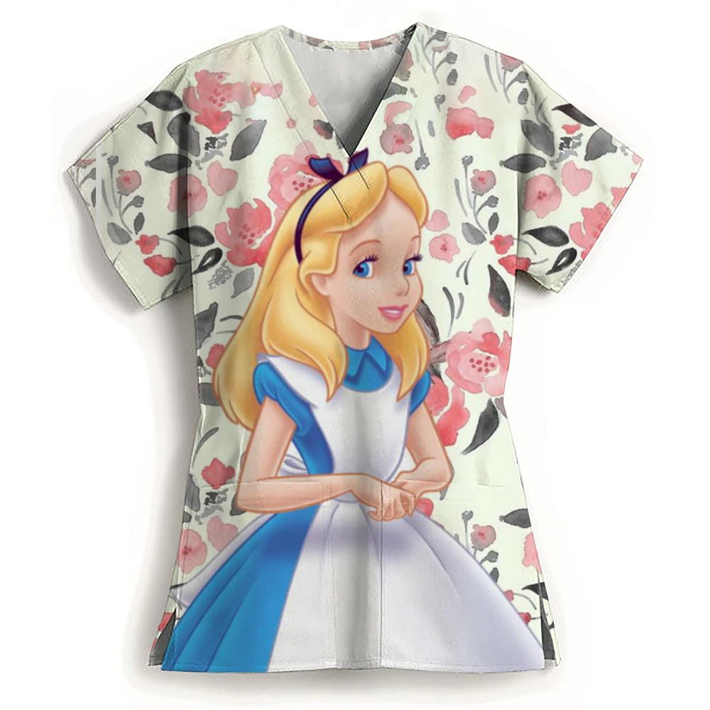 Disney Princess Print nurse uniform dental clinic V-neck surgical gown Snow White pet hospital work clothes women's short-sleeve