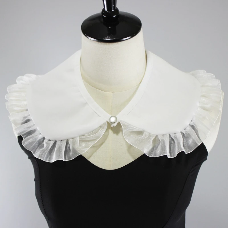Women Detachable Fake Collar, Organza Ruffled Peter Pan Collar With Pearl Button, Decorative False Collar For Shirts Sweaters view 5