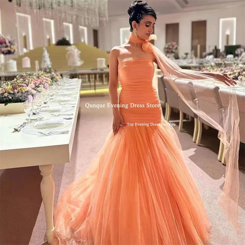 Qunque Mermaid Tulle Coral Prom Party Dresses Strapless Pleat Long Evening Dress Customized Shawl Scarf Formal Occasion Gowns