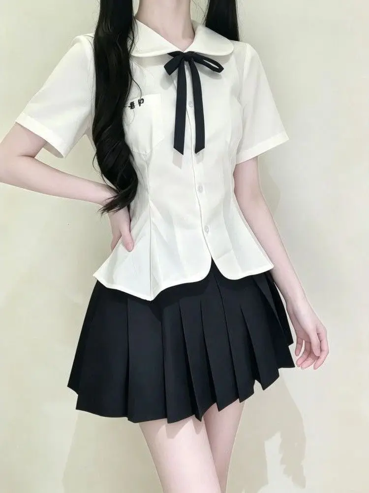 Sweet School Uniform Style Shirt And Skirt Set with Puffy Collar And Waist Cinching Navy Blue New Summer Collection Women