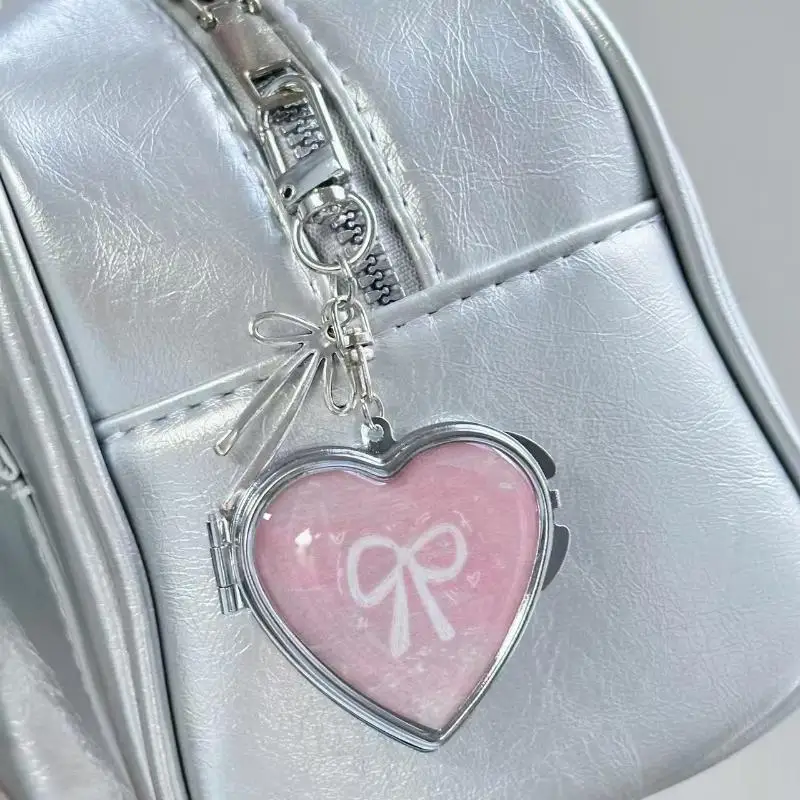 Miroir de maquillage en forme de cœur mignon, Design pliable Double face avec porte-clés, décor d'arc, sac, accessoire cadeau