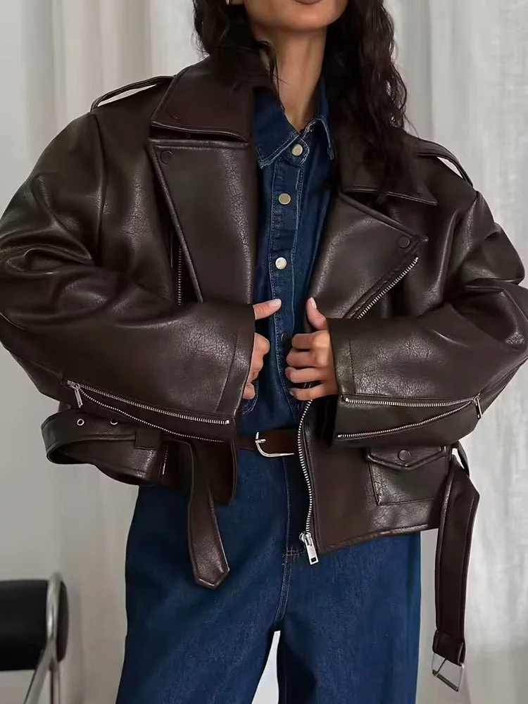 HH 女性ファッションジャケットソリッドターンダウンカラーポケット冬の女性長袖ショートルーズレザーベルト暖かいコートトレンディ