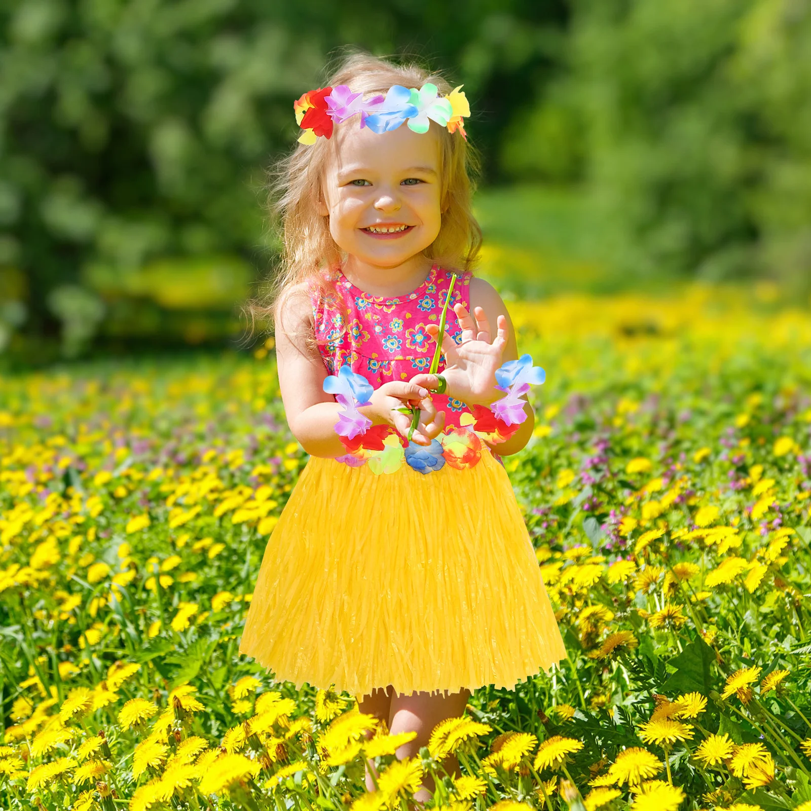 하와이안 훌라 스커트 세트 노란 꽃 머리 장식 팔찌 화환 어린이 루아우 파티 의상 액세서리 하와이안 훌라 스커트 세트