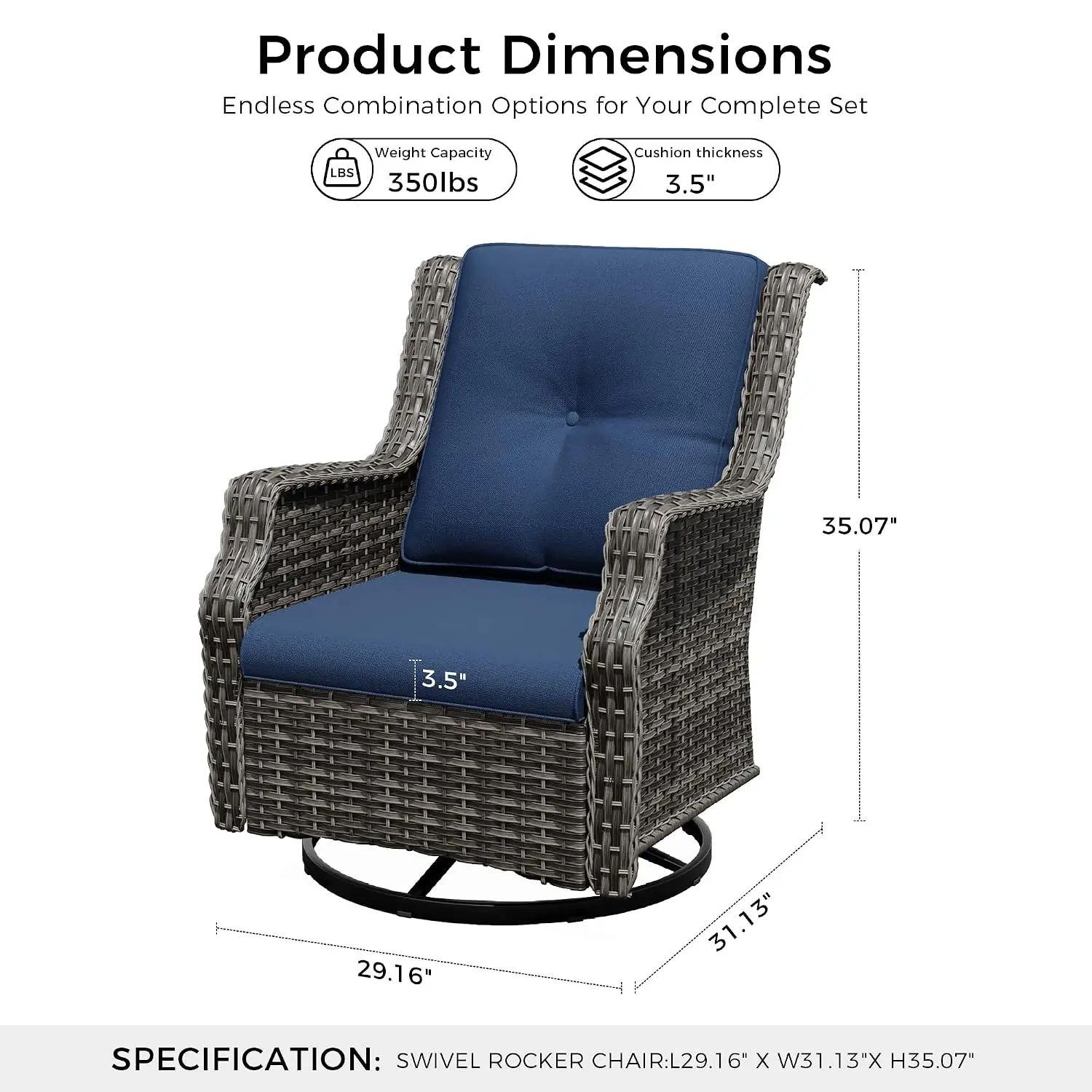 Swivel Rattan Patio Chairs Set of 2 with Thick Cushions Curved Armrest Deep Seating for Porch Deck Balcony, Customized