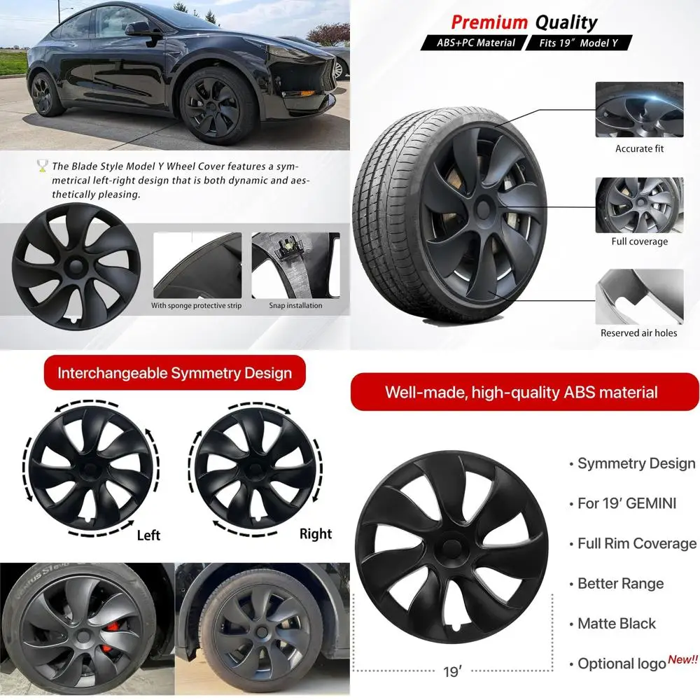 

4Pcs Wheel Cover Fits for Tesla Model Y 19Inch 2020-2024 ABS Matte Black Blade Style Hubcaps Fits for Tesla Model Y 19" Gemini W