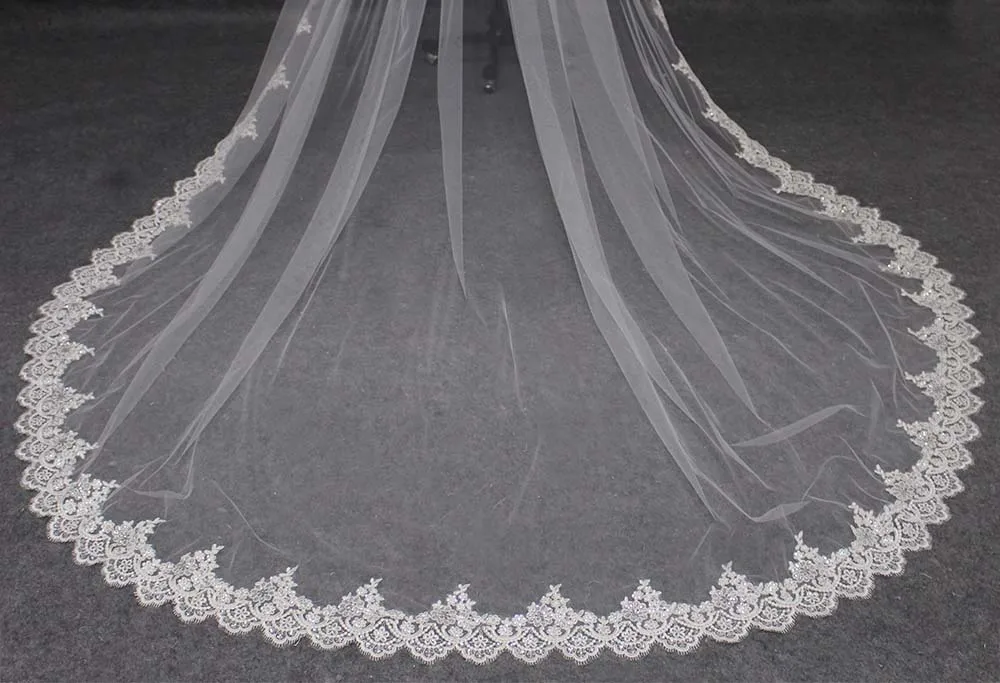 Voile de mariage en dentelle à paillettes, 3 mètres de Long, une couche avec peigne, blanc ivoire, accessoires de mariage