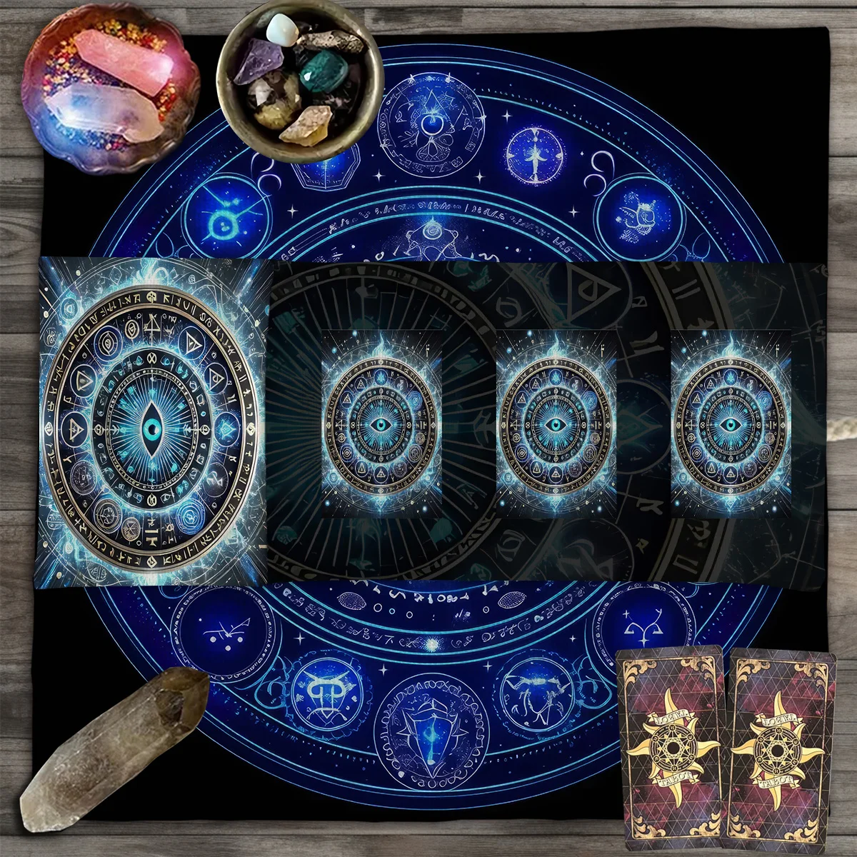 Geheimnisvolles Allsehendes Auge mit Symbolen, Tarot-Aufbewahrungstasche, Wickeltasche für Tarot-Tuch, blaue geometrische Wahrsagerei-Tasche, geometrisch