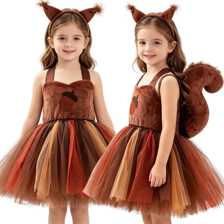 Girls Squirrel Acorn Tutu Dress Brown Plush Tulle Skirt With Squirrel Ear Headband Kids Halloween Cosplay Party Fancy Dress ZZ12