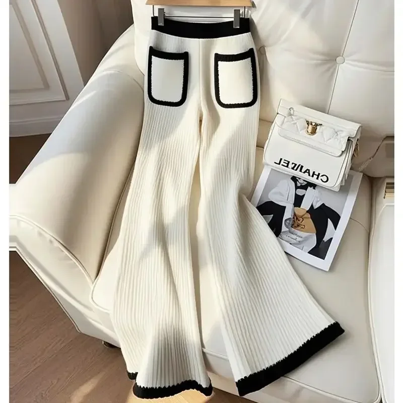 

New Autumn Winter Knitted Wide Leg Pants Women Small Fragrance Casual Loose Elastic Waist Contrast Color Wool Trousers Knitwear