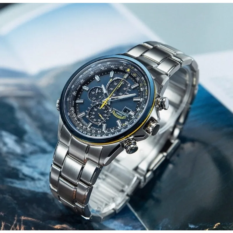 

Мужской спортивный роскошный мировой хронограф с экологическим приводом, атомный хронограф из нержавеющей стали, синий циферблат, Рождественский подарок