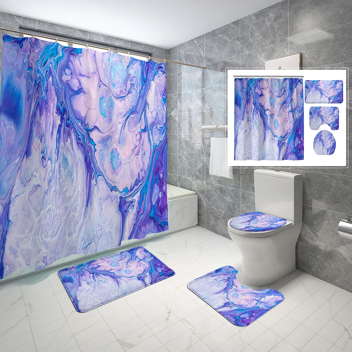 Marbling Shower Curtain Set Gradient Tone Marbling Image 4 Pcs Shower Curtain Bathroom Non-Slip Bath Mat Toilet Cover