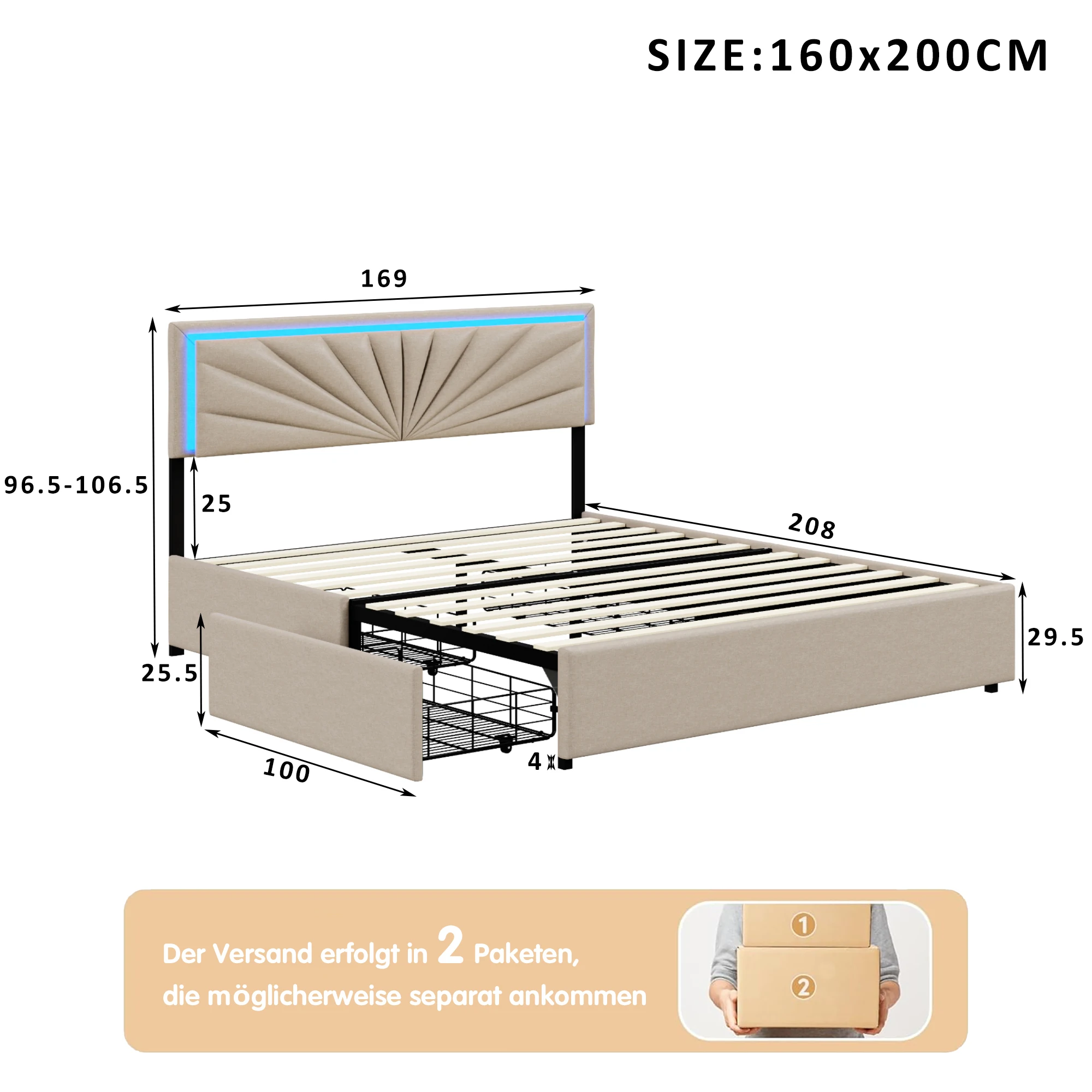 Double Bed, Upholstered Bed 160 x 200 cm, LED Bed Frame, Storage Bed with 4 Drawers and Slatted Frame, Headboard, Youth Bed