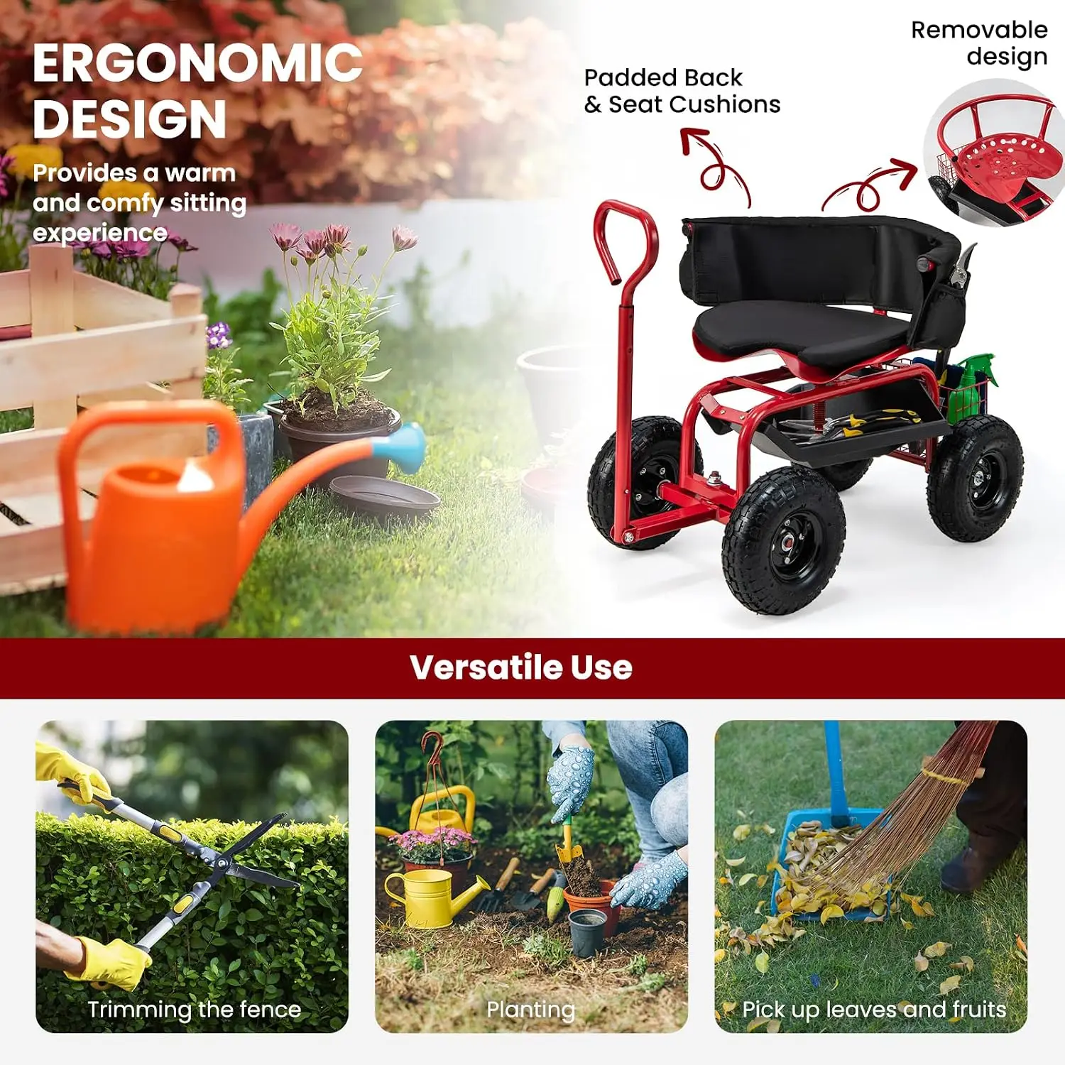 Garden Cart with Padded Seat & All-Terrain Wheels, Red
