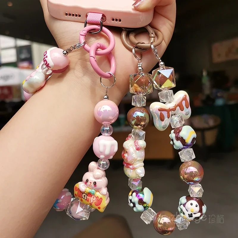 Short Pink Happy Bunny Pink Bear Bracelet Chocolate Candy Color Dopamine Girl Hand Wrist Hanging Clip Mobile PhoneCase Universal