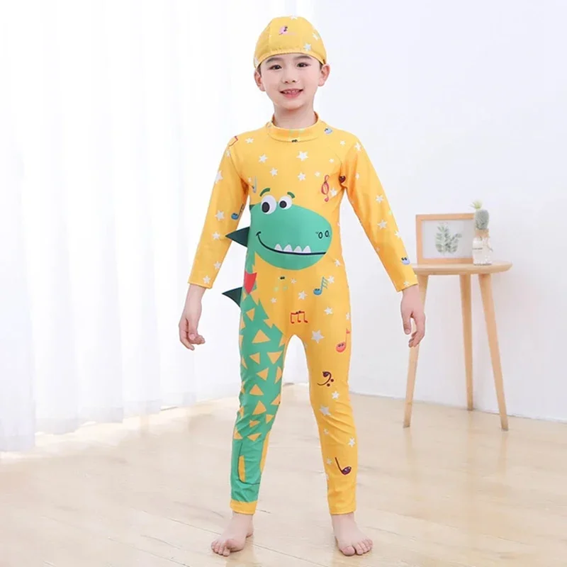 Spring Autumn Baby Boy Girl One Piece Swimsuit Hat 2 Pcs Set Children Swimwear Cartoon Dinosaur Shark Unicorn Suit Kid Beachwear