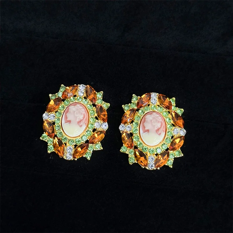 Vintage Colored Zircon Rhinestone Inlaid Head Portrait Earrings for Women Medieval Court Style Luxury Stud Earring Jewelry New