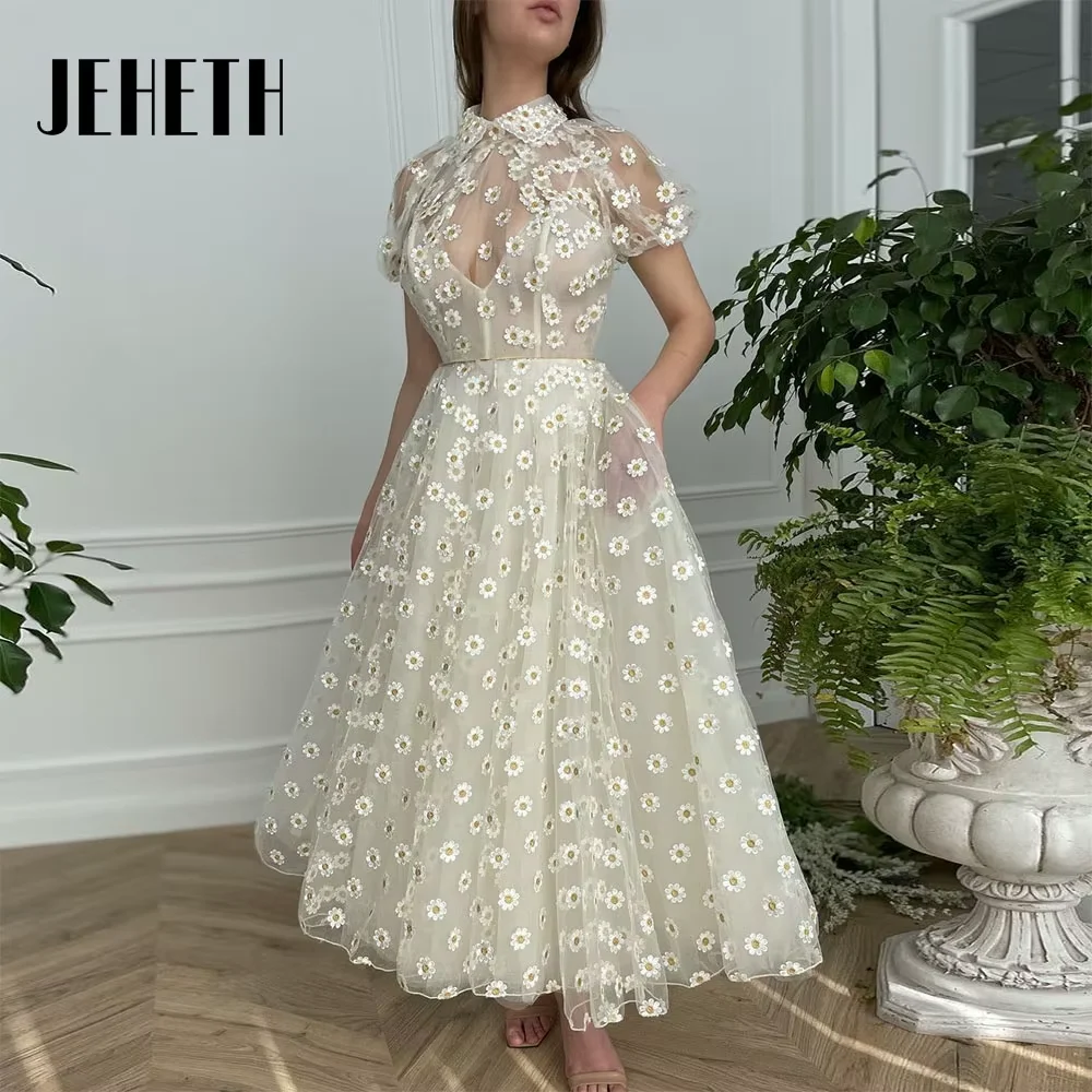 JEHETH Daisy Midi Prom Dress Short Sleeves Sheer High Neck Tulle Ankle Length A-Line Party Illusion Evening Gowns Robe De Mariee