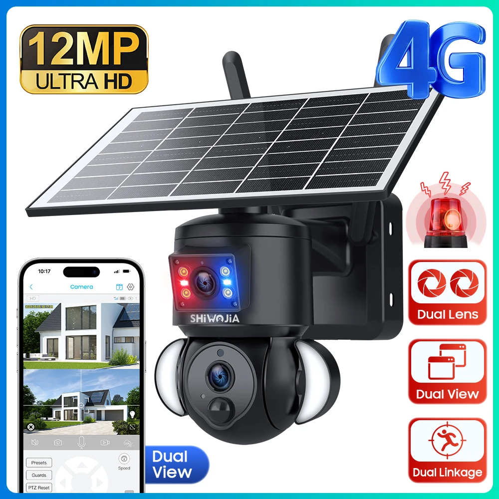 SHIWOJIA 4G Security Camera Outdoor Dual Lens Wireless WiFi PTZ Camera 6K HD Human Detection 2-Way Audio Color Night Vision IP66