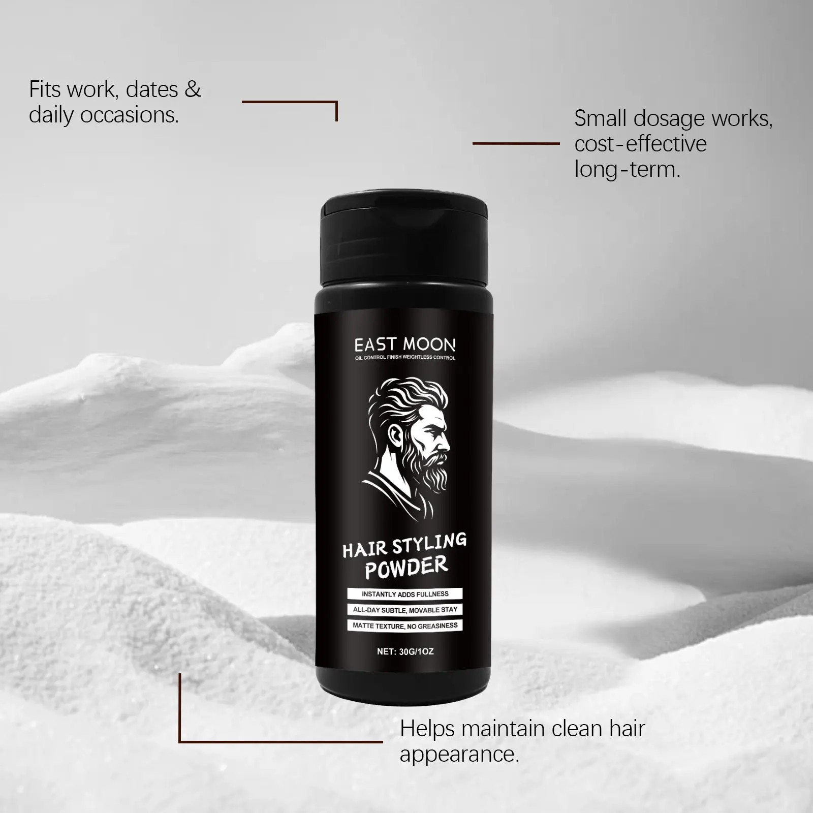 بودرة تصفيف الشعر للتحكم في زيت القمر الشرقي، مقاومة للماء وغير شحوم، ترطيب بدون دهن، مساحيق تشكيل الشعر للرجال في عيد الميلاد