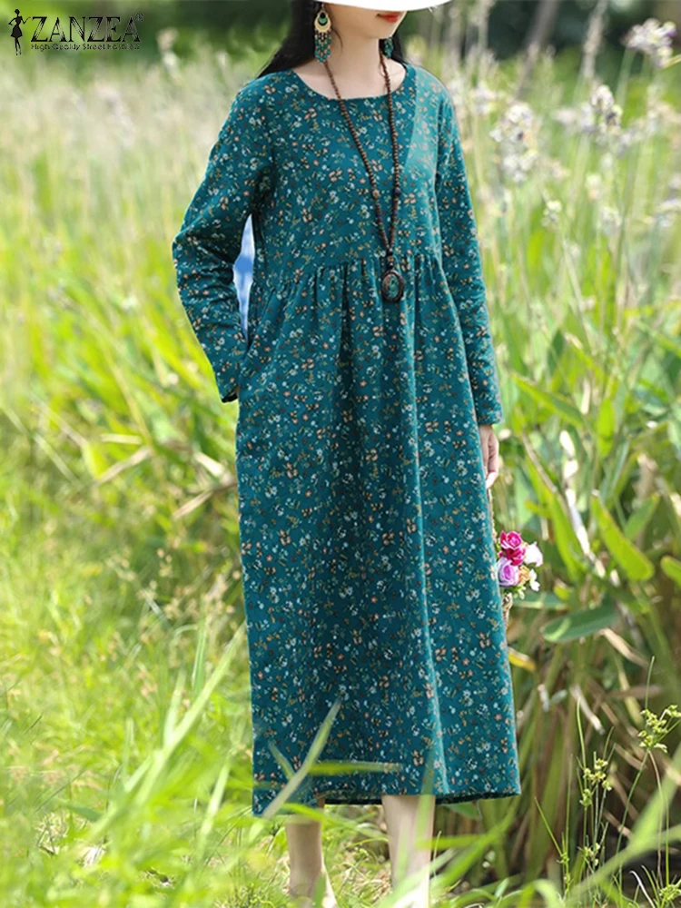 ZANZEA-Robe mi-longue à imprimé floral pour femme, col rond, ligne A, robes éducatives, automne, 2024 coton, 03, manches longues, vacances, adt, décontracté