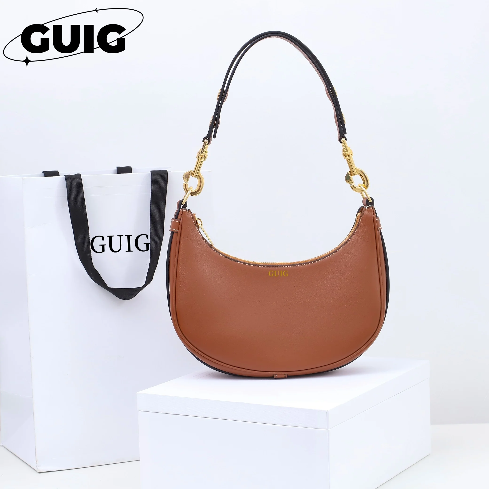 GUIG Women's Bags Luxury Brand Bags Leather Custom Half Moon Lady Shoulder Bag Brand Bags For Women Fashion Women's Handbag