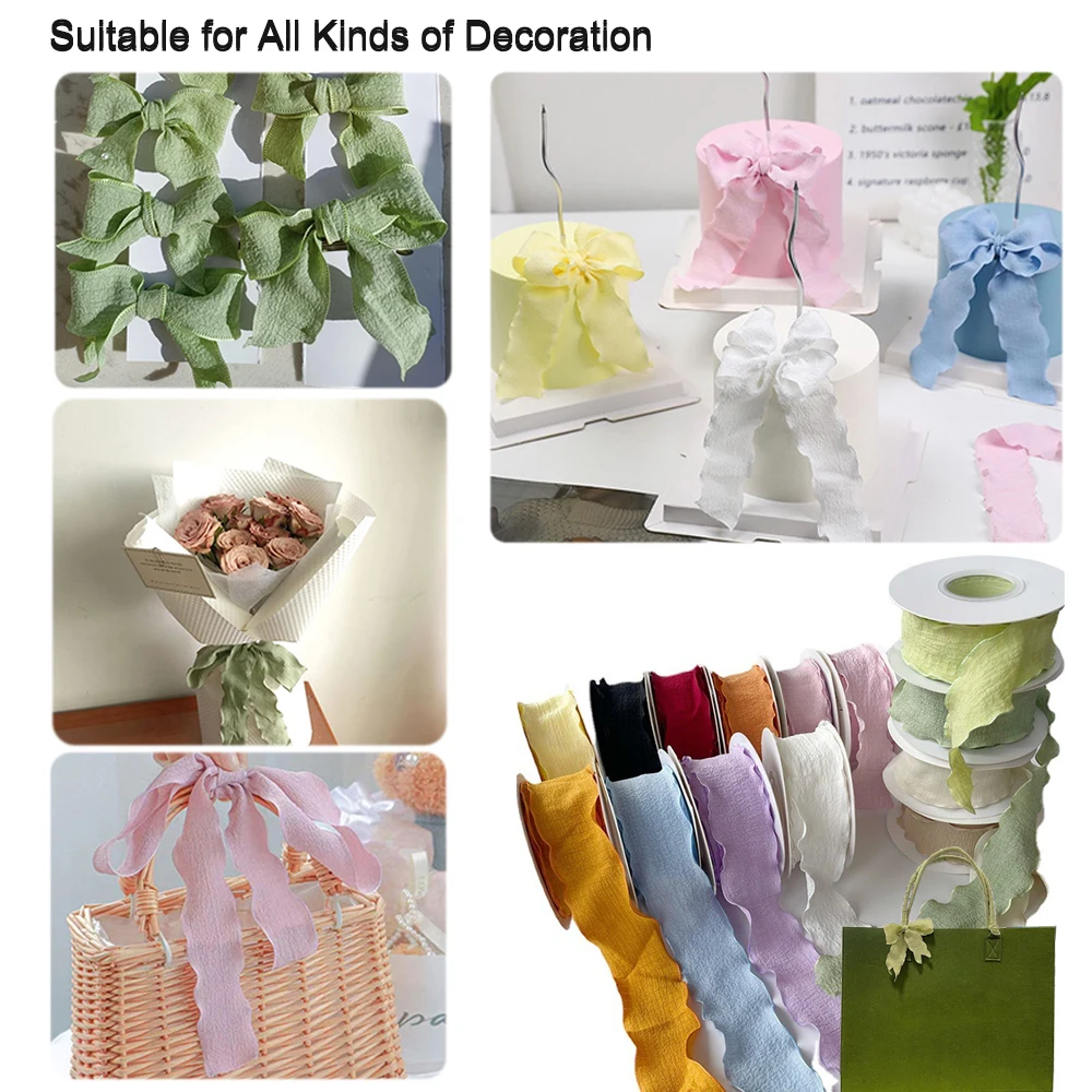 1roll 9M Fishtail Yarn Ribbons Wave Edge Pleated Chiffon Ribbon Gifts Packaging Material Wedding Birthday Party Flower DIY Decor