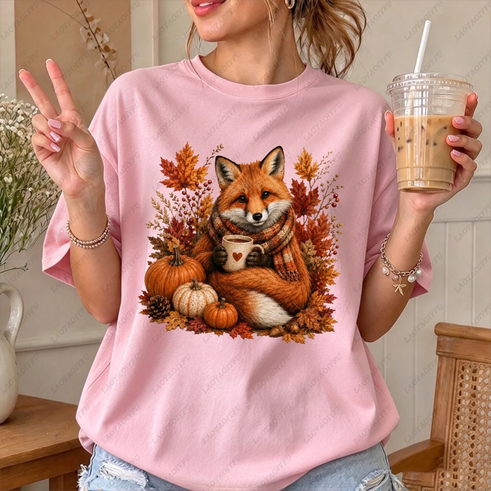 Autumn Fox Coffee Pumpkin Maple Leaf Graphic Women Casual Short Sleeve Cotton T-Shirt Cute Fall Animal Cozy Harvest Shirt