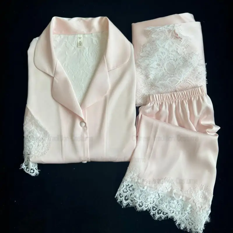 

3Pcs Princess Style Nightwear Pajamas Suit Female Elegant Lace Hem Patchwork Nightgown Sleepwear Summer New Loungewear