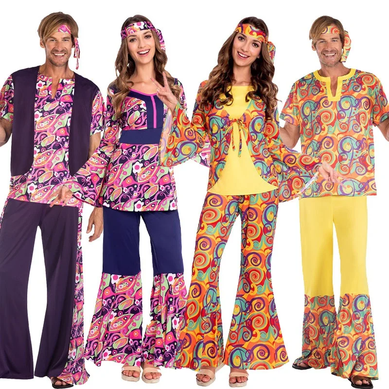 

Хэллоуин Ретро Диско Хиппи Одежда для выступлений Пара Sle Ro Band Хип-хоп Пар Костюм Китайское производство Женская мода