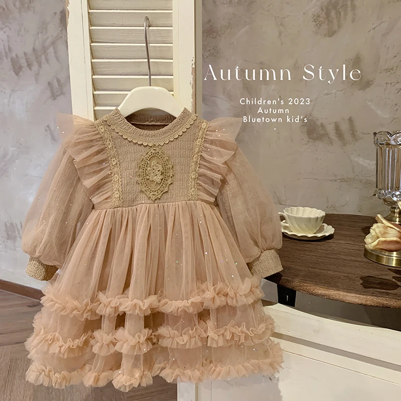 Spring Autumn New 2 3 4 5 6 8 10 Years Children Embroidery Mesh Solid Color Patchwork Crew Neck Baby Kids Girls Lace Dress