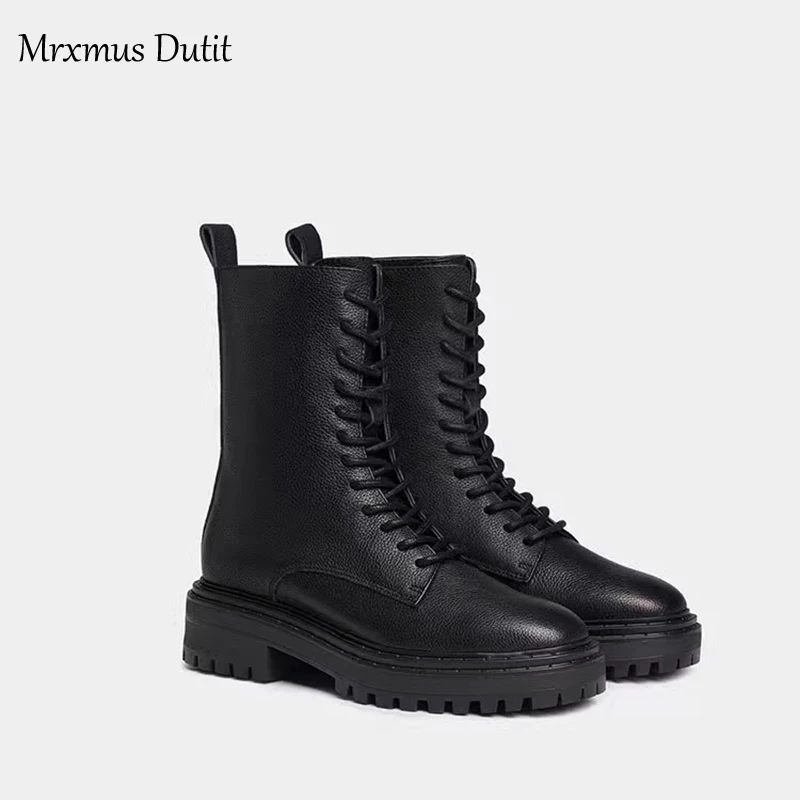 

Mrxmus Dutit 2024 Autumn Winter Fashion New Women Genuine Leather Lacing Flat Short Boots Round Head Simple Casual Short Female