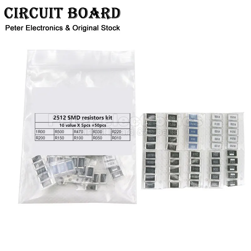 

50PCS 1% 2512 SMD Resistor Samples kit ,10 valueX5pcs=50pcs 1R00 R500 R470 R330 R220 R200 R150 R100 R050 R010