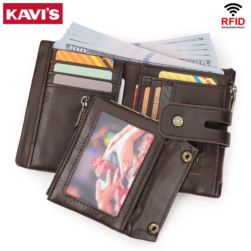 KAVIS 100% portafogli in vera pelle per uomo porta carte di credito RFID multifunzione con portamonete con cerniera durevole