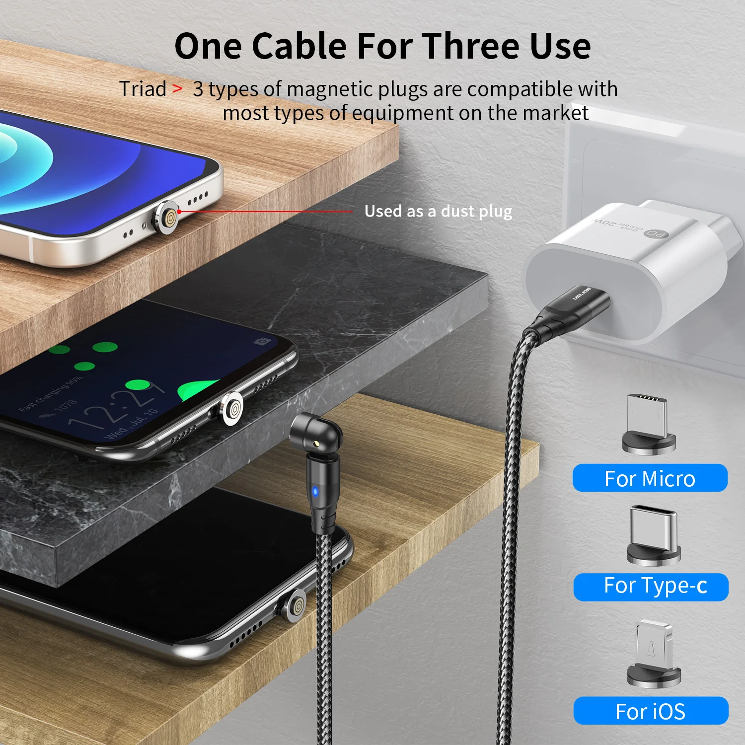 USLION PD 60W Magnetic Fast Charging Cable for iPhone 15 Pro Max Xiaomi 14 Oneplus 12 POCO X6, USB C to Type C Mirco Data Cord