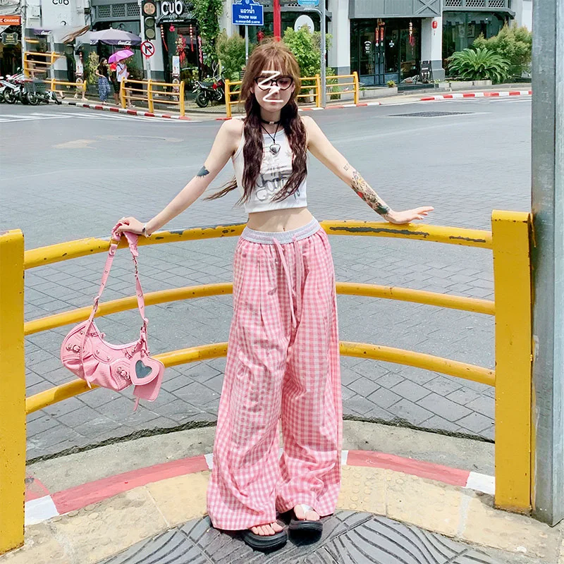 Checkered Wide Leg Pants for Women In Spring and Summer Thin Cut High Waisted Casual and Wide Matsuyama Pants