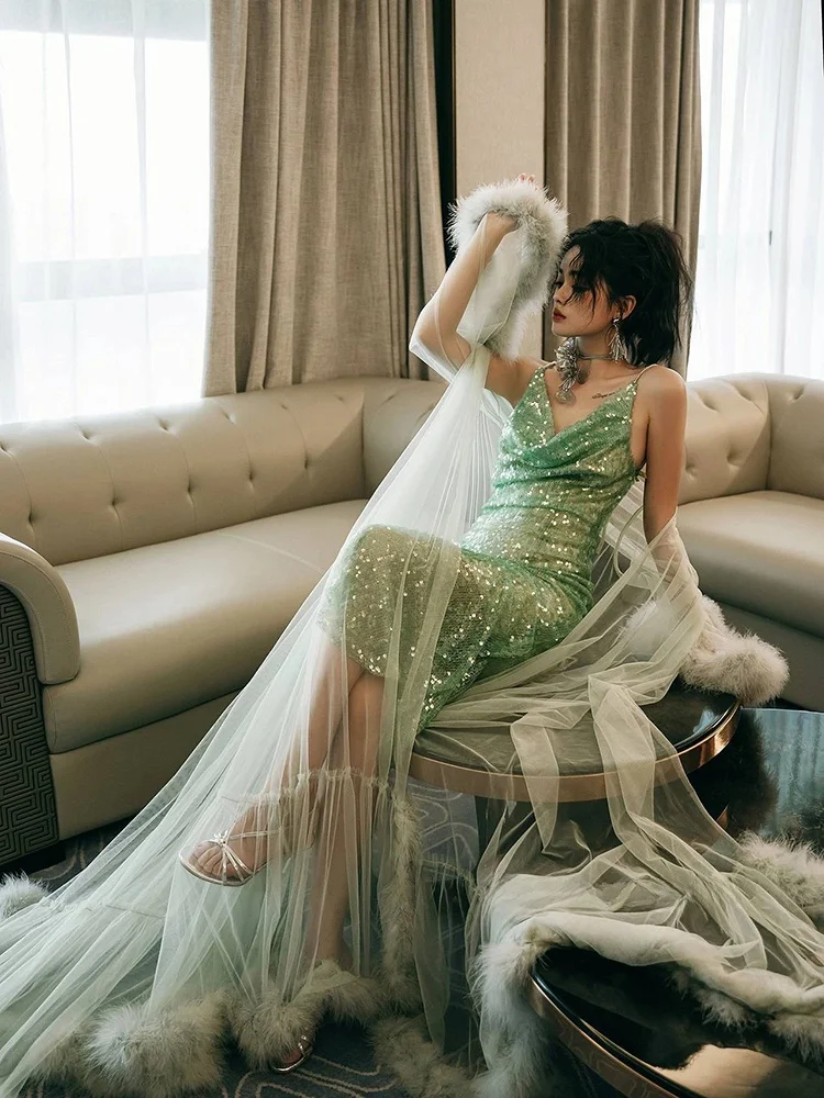 

Ele een Sequin Morning Dr Women's Sexy Bal Floor-Length Feather Gown Long Sve Faionable Evening Wedding Dr