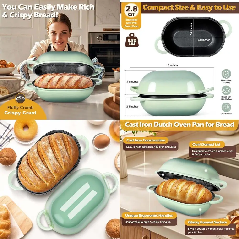 

Pistachio Green 2.8-Quart Oval Enamel Cast Iron Dutch Oven for Bread Baking and Roasting