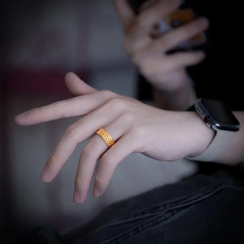9999 real gold 24K yellow gold Handmade hammer ring for men and women couples image 2