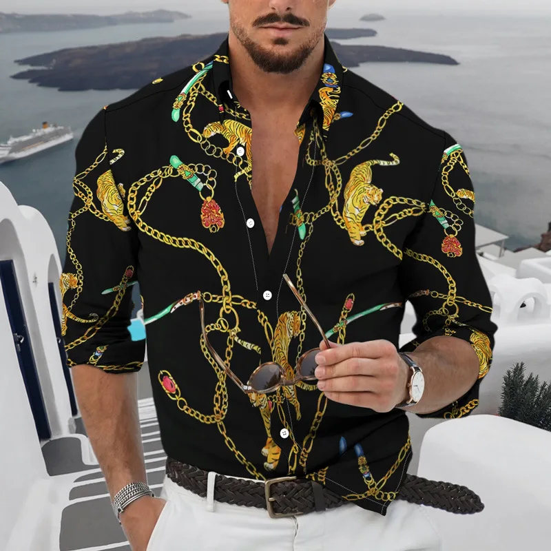 Luxury Chain 3d Print Men's Shirts Casual Single-Breasted Blouses Long Sleeve Shirt Fashion Holiday Party Tops Unisex Clothing