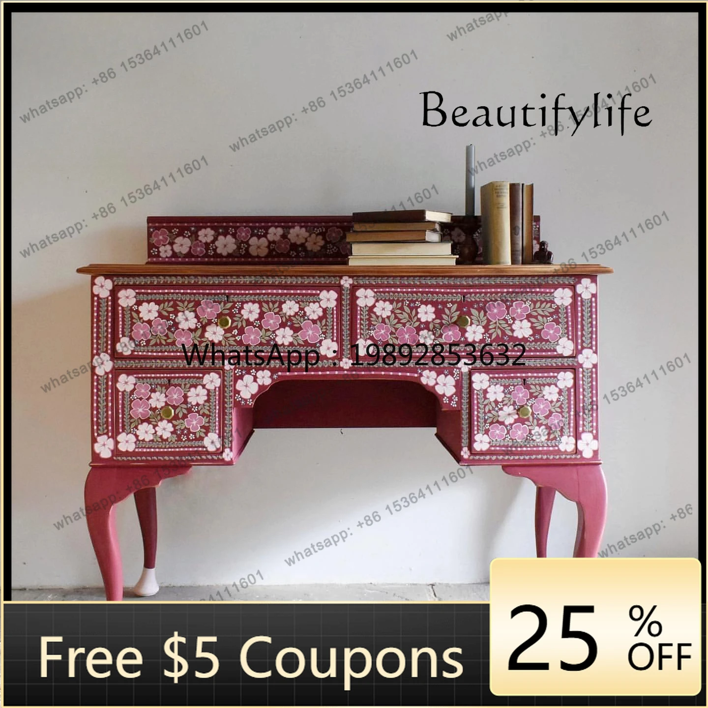 

W2 French solid wood hand-painted pink makeup table American simple bedroom household flower