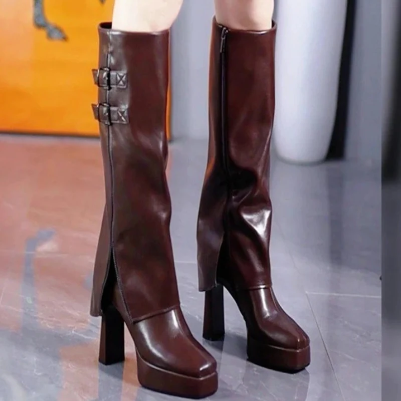 

Сексуальные женские высокие сапоги на высоком каблуке. Дизайнерские туфли до колена на массивном каблуке. 2025 г. Туфли-лодочки. Высокие зимние ботинки «Челси». Новое платье Mujer Botas.