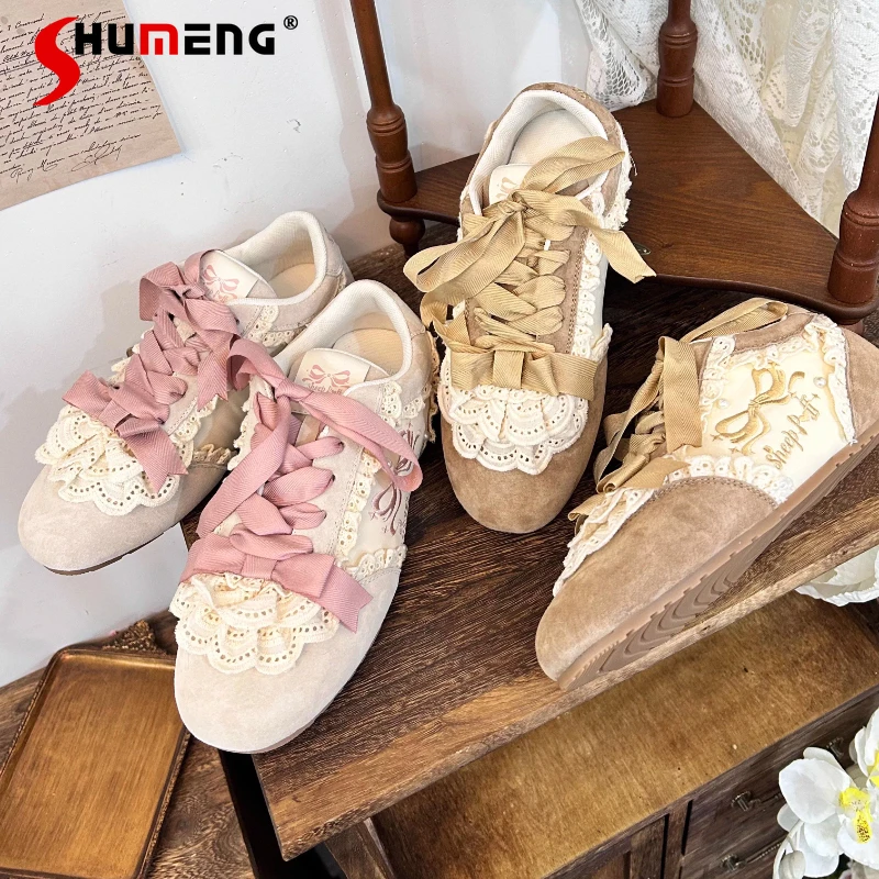

Lace Cake Flats Training Shoe Lolita Sports Original Genuine Leather Soft Girl Ballet Style Sneakers Japanese Soft Girls Shoes