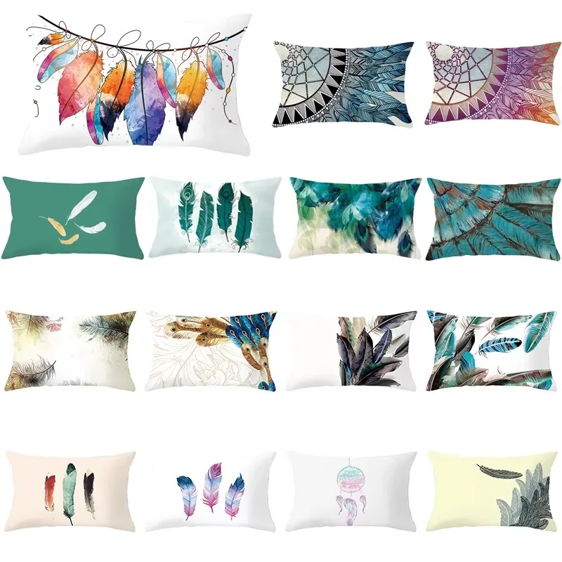 30X50cm Feather Pattern Printed Decorative Cushion Bedroom Living Room Backrest Home Rectangular Pillowcase