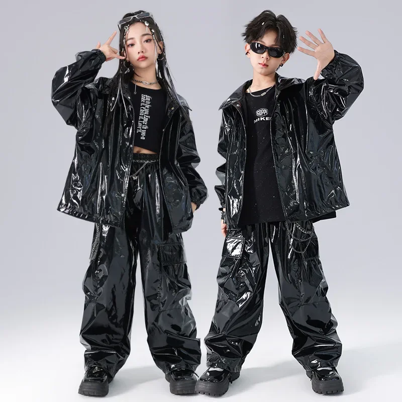 

Children's Boys Gilrs Party Fashion Show Shiny Leather Jacket Pant Sets Kids Stage Dance Performance Clothes Coat Trousers Suits