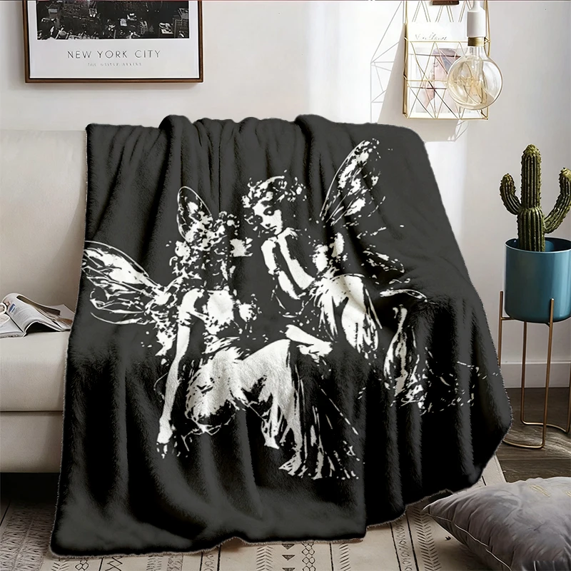 Dark Academia Fairy Flannel Blanket, Gothic Fae Art Throw, Vintage Mythology Gift