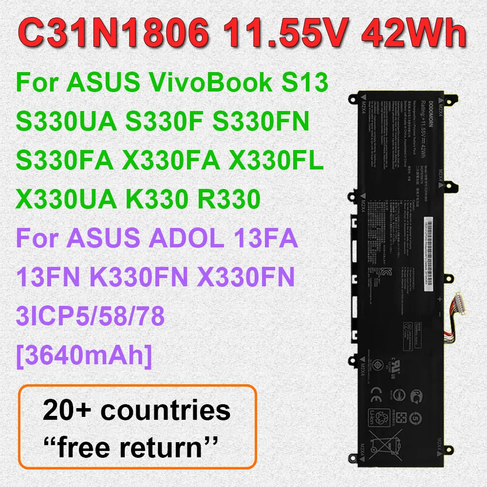 

11.55V 42Wh Laptop Battery C31N1806 For ASUS VivoBook S13 S330FA S330FL X330UA X330FA K330FA K330 R330 ADOL 13FA 3ICP5/58/78