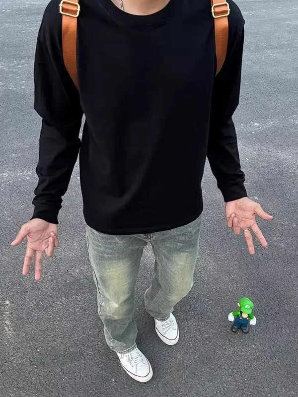 

Pure Bla American Sle Long Sve T-irt Men's round Ne Sweatirt Base irt Small Collar Autumn Faionable Comfortable