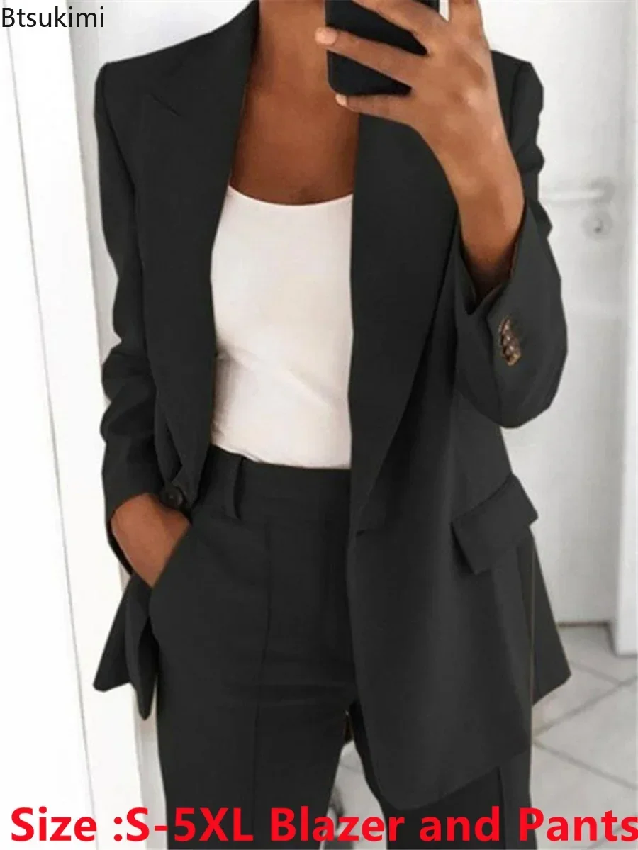 2024Women\'s Solid Blazers Jacket and Pants Sets 2PCS Slim Fit Formal Office Ladies Elegant Clothing Set Two Pieces Oversized 5XL