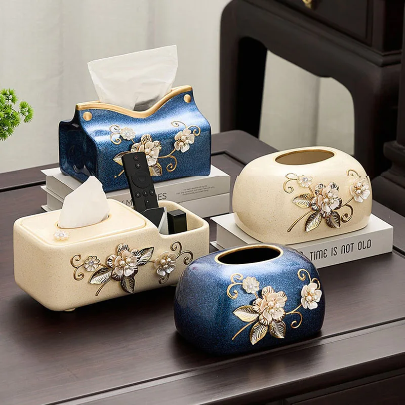 

Недорогая роскошная керамическая коробка для салфеток с рельефным цветочным узором, настольный органайзер, креативный декор для гостиной и дома
